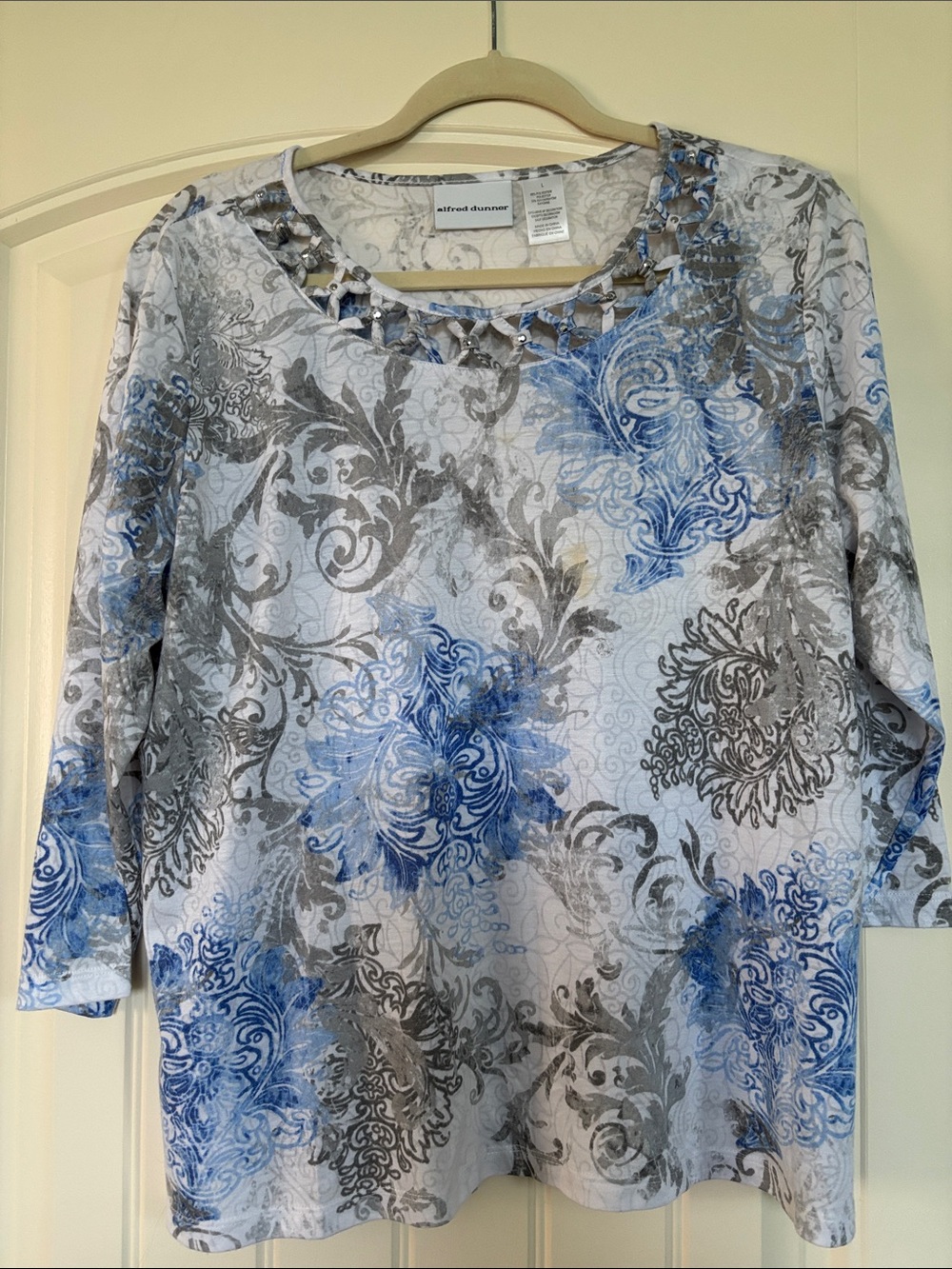 Alfred Dunner Blue & Gray Scroll-Print Long Sleeve Top